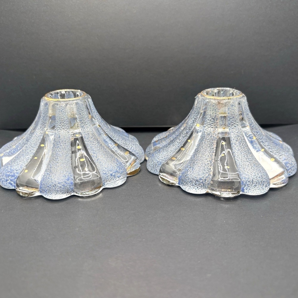 Vintage Pair Blue & Clear Glass Taper Candlestick Holders w/ Gold Accent Scallop